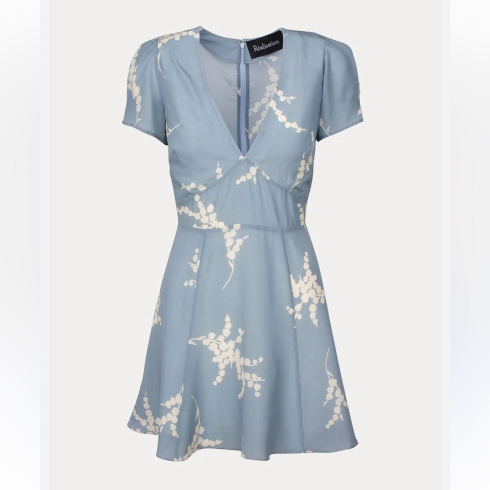Realisation Par Blue Fit and Flare Mini Dress with Flutter Sleeves